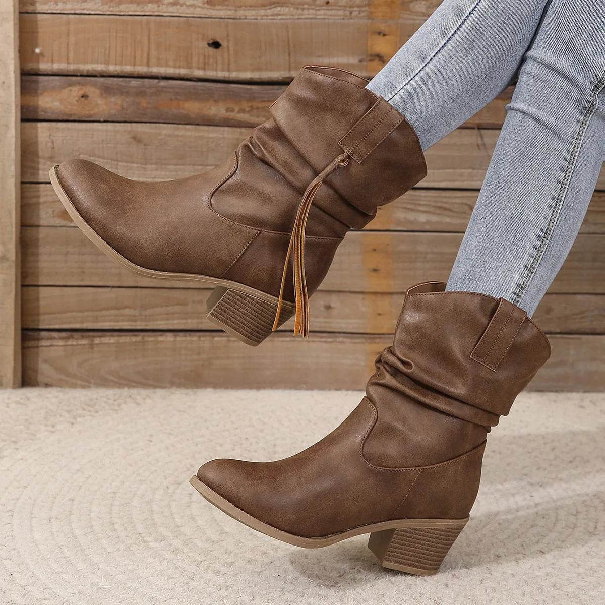 Retro Tassel Boots Winter Thick Square Heel Mid-calf Knight Western Boots Woman Fashion Shoes - www.Shopthatapp.com