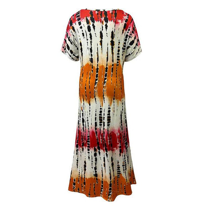 Women's Summer Tie Dye Maxi Dress Short Sleeve V Neck Casual Loose Long Split Dresses - www.Shopthatapp.com