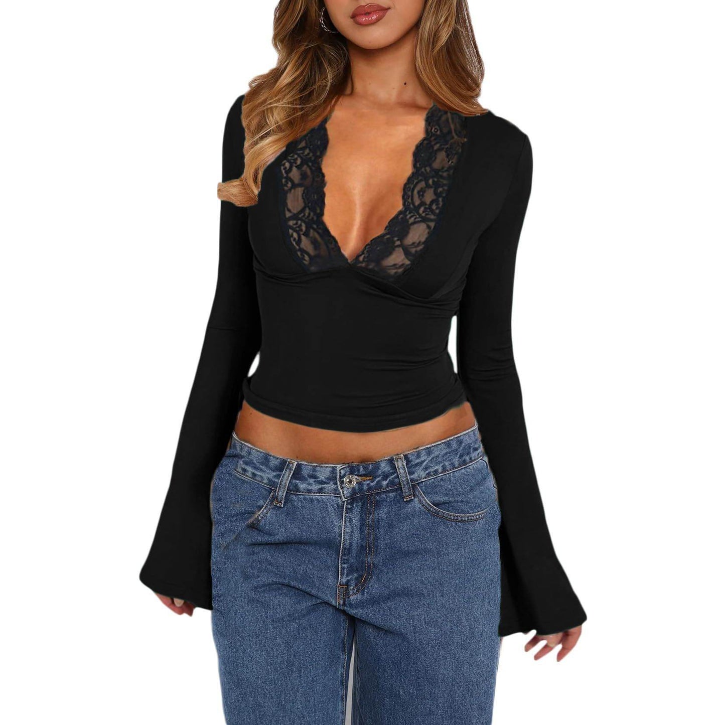 Slim V-neck Lace Ins Fashion Trumpet Sleeve Long-sleeved tank Top Women Clothing - www.Shopthatapp.com