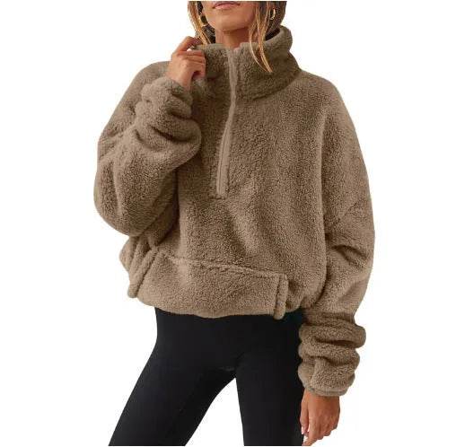 European And American Velvet Fleece-lined Women's Half Zipped Stand Collar Sweater - www.Shopthatapp.com