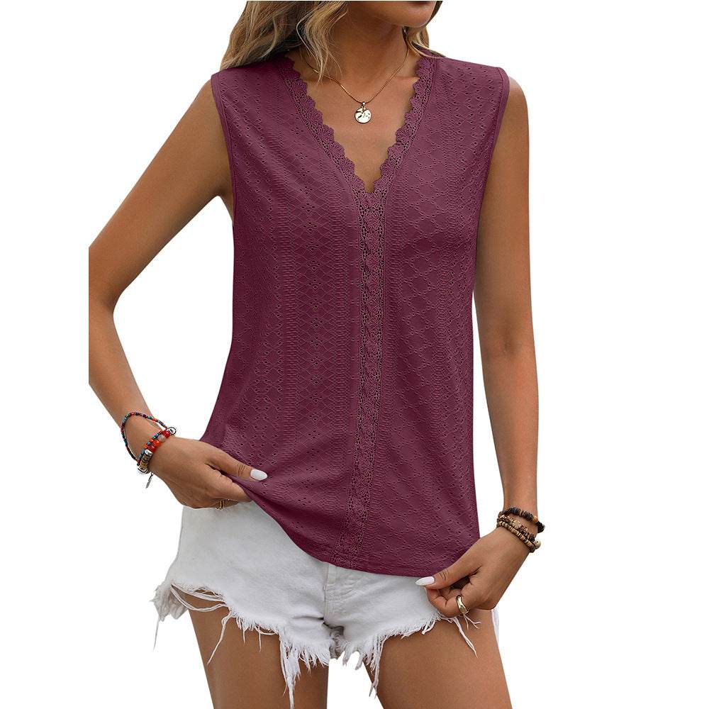 Summer Sleeveless Lace Blouse Tops Women V-neck top - www.Shopthatapp.com
