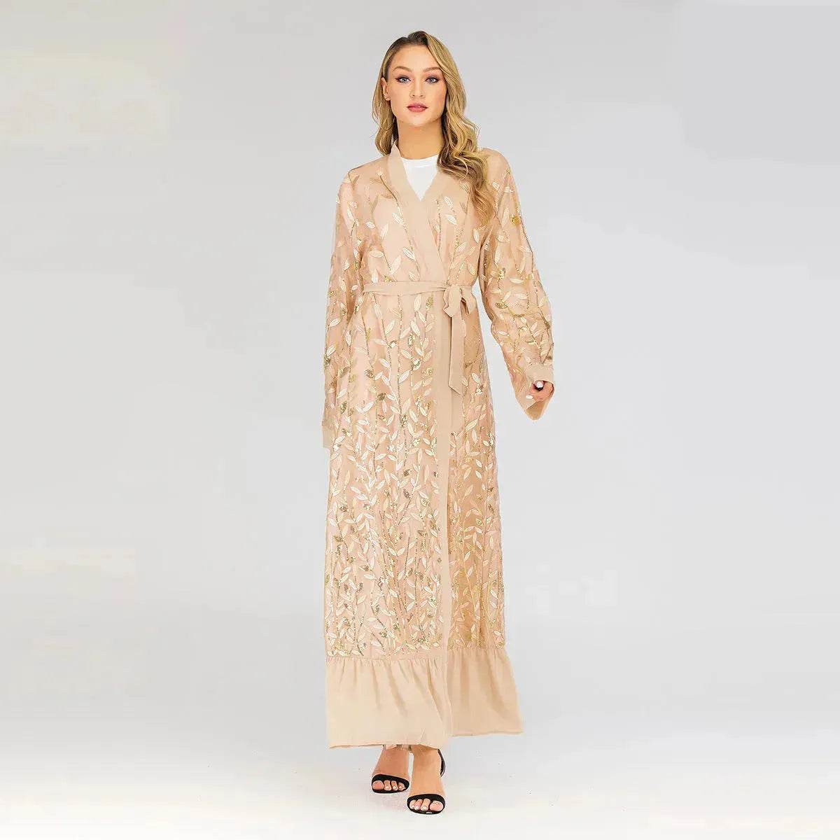 Champagne Sequined Abaya Dress for Dubai Turkey Women Dubai Abaya Kimono - www.Shopthatapp.com