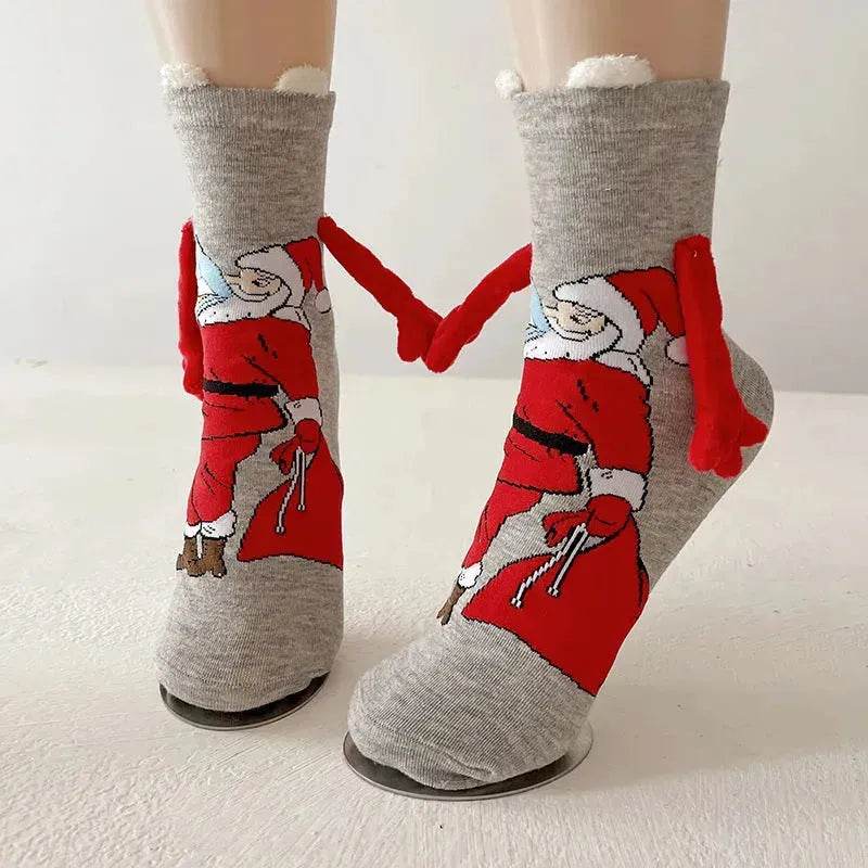 Christmas Magnetic Socks Cute Elk Santa Claus Snowman Hand-holding Socks For Couple - www.Shopthatapp.com