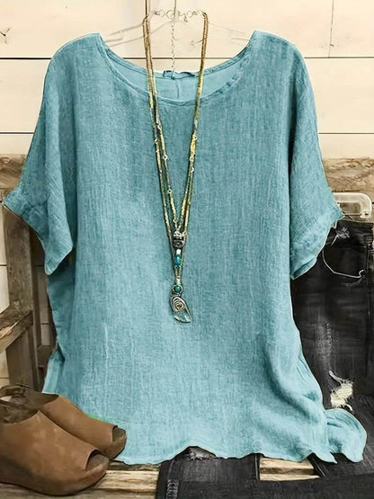 Women Fashion Casual blouse top 3/4 Sleeve Round Neck Blouses Summer Loose linen Tops Streetwear - www.Shopthatapp.com