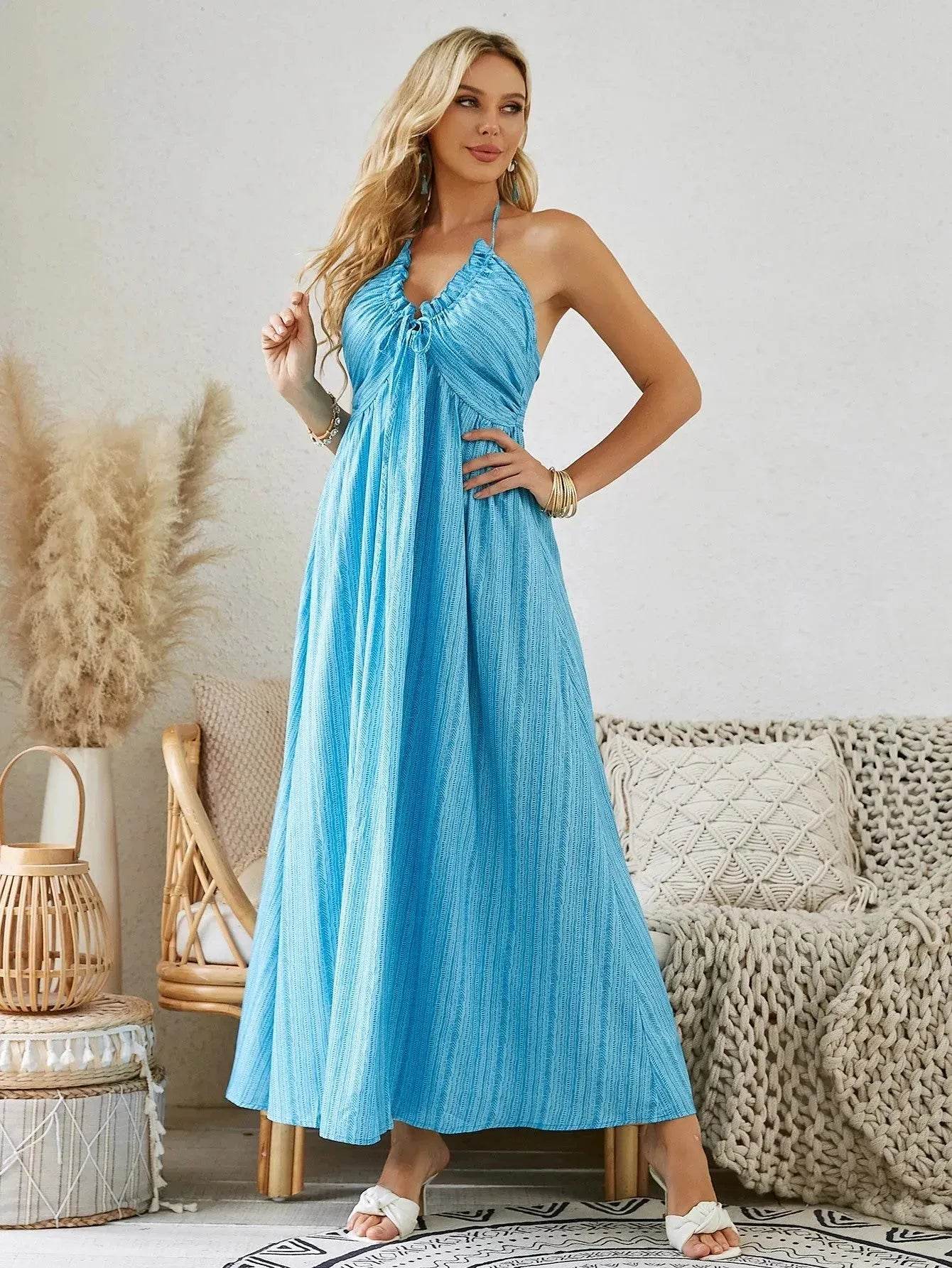 Bohemian Halter Maxi Dress - Women's Summer Sleeveless Flowy Beach Dress - www.Shopthatapp.com