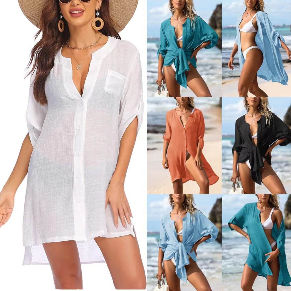 European And American Sun Protection Women Beach Linen Shirt dress - www.Shopthatapp.com