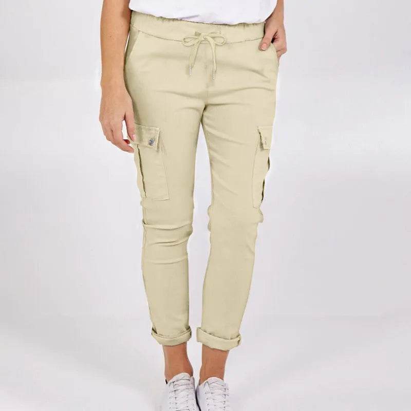 Casual Cargo Pants With Pockets Solid Color Drawstring Waist Pencil Trousers For Women - www.Shopthatapp.com