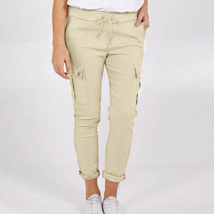 Casual Cargo Pants With Pockets Solid Color Drawstring Waist Pencil Trousers For Women - www.Shopthatapp.com