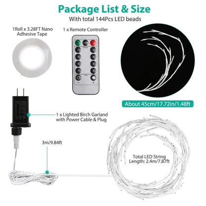 1Pc 7.87FT Lighted Birch Garland Lighted Twig Vine Lights 144LED Birch Garland With Lights String Light With Timer 8 Modes IP45 Waterproof For Christmas Fireplace Home Decoration - www.Shopthatapp.com