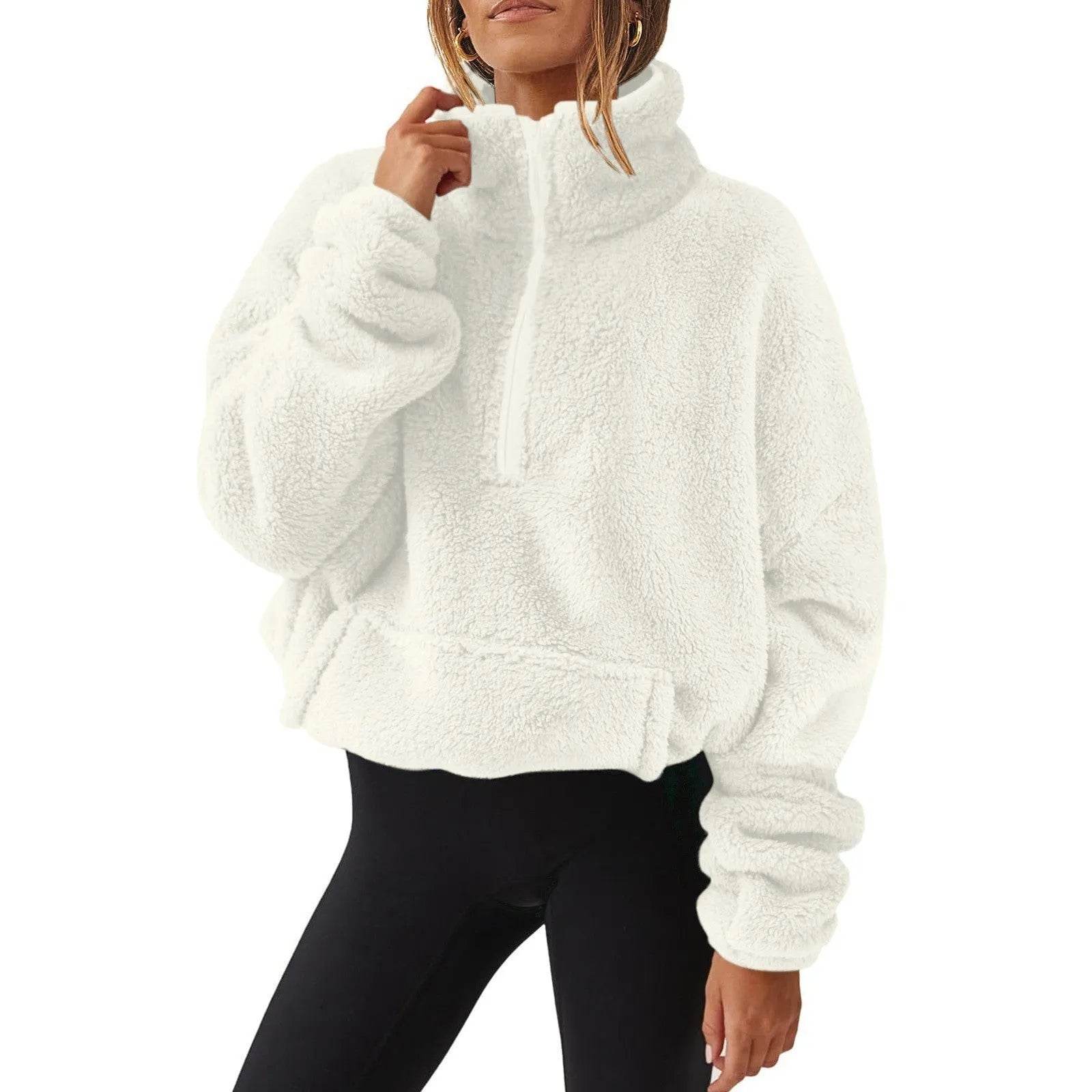 European And American Velvet Fleece-lined Women's Half Zipped Stand Collar Sweater - www.Shopthatapp.com