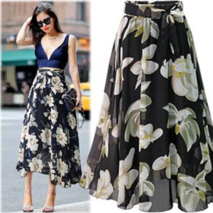 Women Formal Work Office High Waist Floral Midi Big Swing Chiffon Skirt - www.Shopthatapp.com
