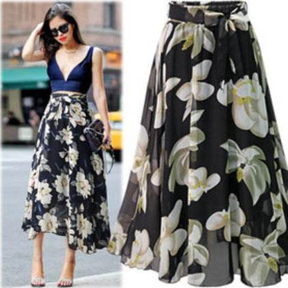 Women Formal Work Office High Waist Floral Midi Big Swing Chiffon Skirt - www.Shopthatapp.com