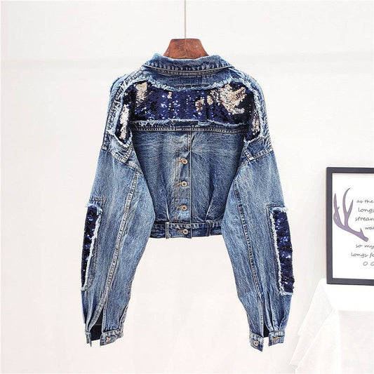 Heavy Industry Sequins Short Doll Sleeve Denim Jacket Women - www.Shopthatapp.com