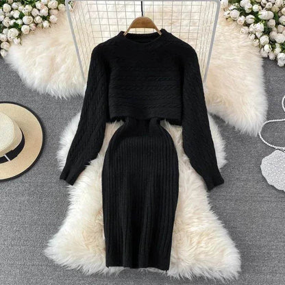 Autumn Winter Sassy Woolen Knitted Two Piece Midi Sweater Dress Outfit set - www.Shopthatapp.com