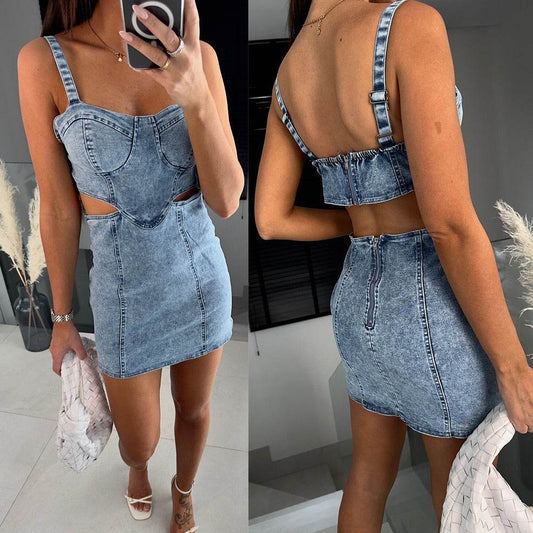 Women's Fashion Suspenders Backless Denim Dress - www.Shopthatapp.com