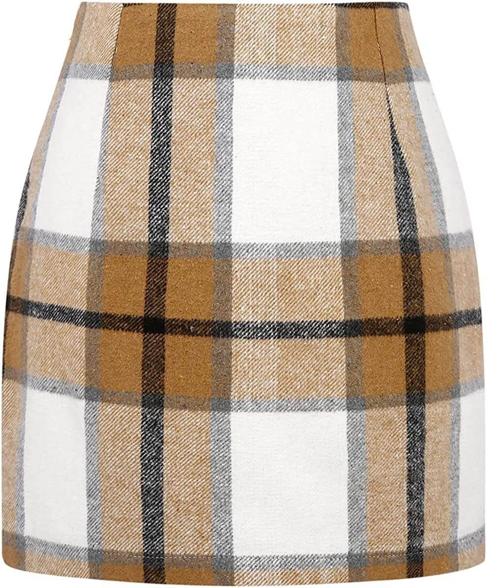Women's High Waist Plaid Tight Pencil Wool Mini Skirt - www.Shopthatapp.com