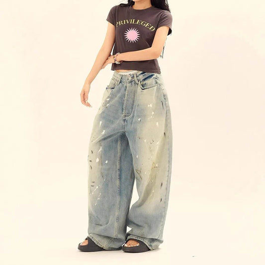 Washed Distressed Casual Loose Wide-leg Baggy Jeans Pant Splash-ink Design Slimming Unisex Style Mop Pants Men And Women - www.Shopthatapp.com
