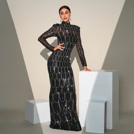 Long Sleeve Slim-fit Sequined Banquet Evening Dress - www.Shopthatapp.com