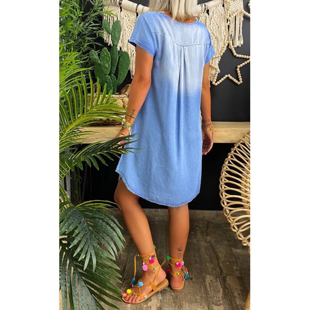 Round Neck Pleated Loose Solid Color Casual Plus Size Denim Dress - www.Shopthatapp.com