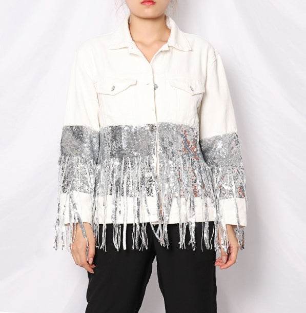 Lapel Pocket Heavy Industry Sequins Tassel  Loose Ripped Denim Jacket Women - www.Shopthatapp.com