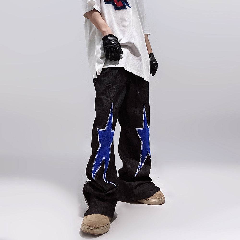 Five-pointed Star Embroidery Denim Horn Loose Straight Casual All-match Mop Jeans Baggy Trousers Men - www.Shopthatapp.com