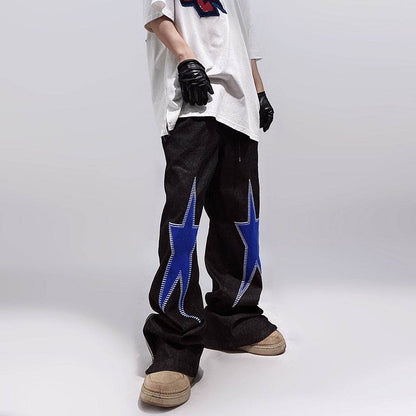 Five-pointed Star Embroidery Denim Horn Loose Straight Casual All-match Mop Jeans Baggy Trousers Men - www.Shopthatapp.com
