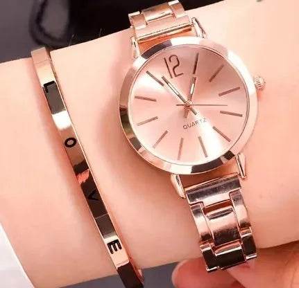 2pcs Narrow Strap Steel Strap Bracelet and  Quartz Watch women - www.Shopthatapp.com