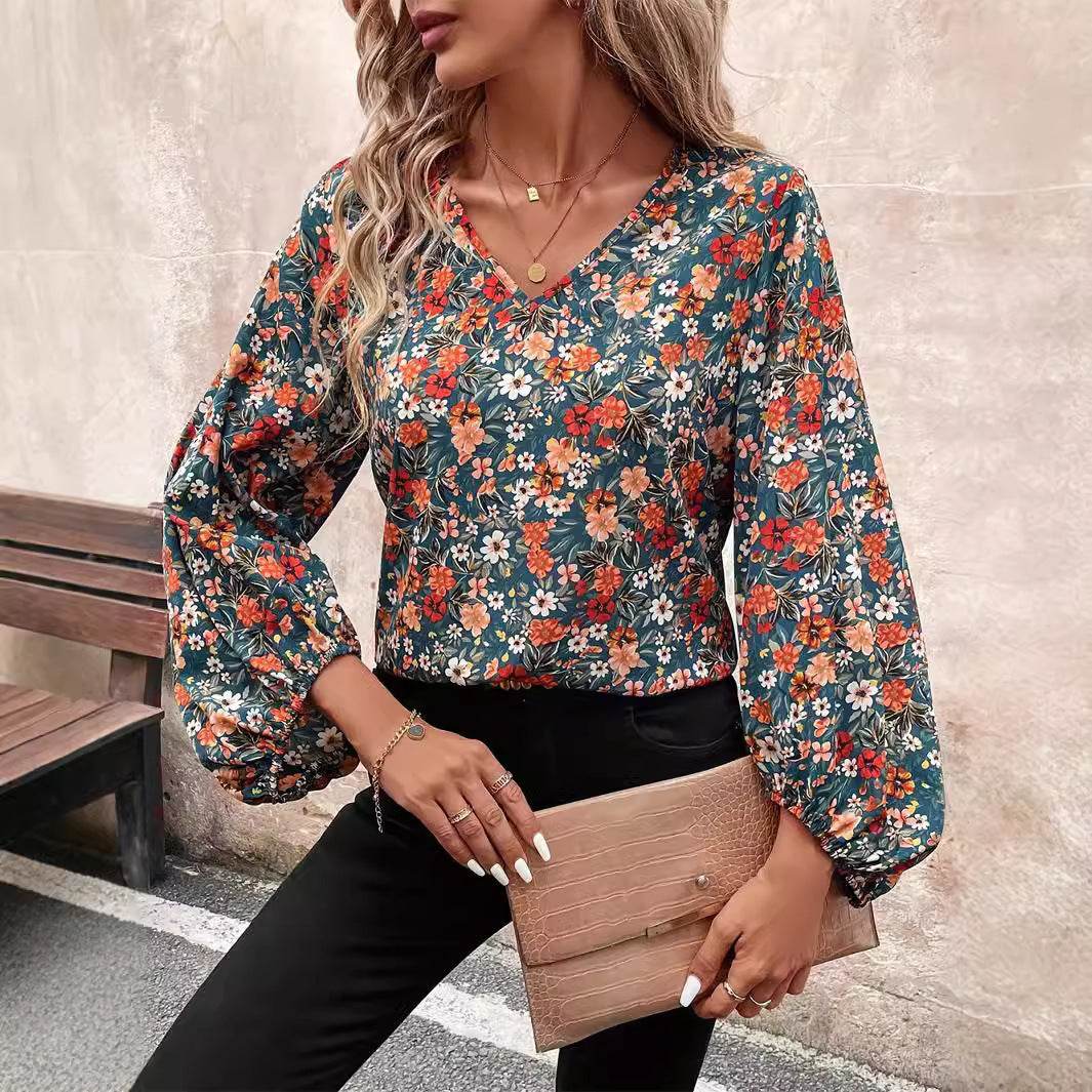 Women's V-neck Lantern Long Sleeve Shirt Autumn casual blouse top - www.Shopthatapp.com