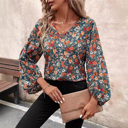 Women's V-neck Lantern Long Sleeve Shirt Autumn casual blouse top - www.Shopthatapp.com