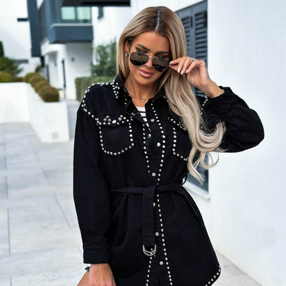 Denim Jacket Women – Retro Street Style Loose Rivet Design - www.Shopthatapp.com