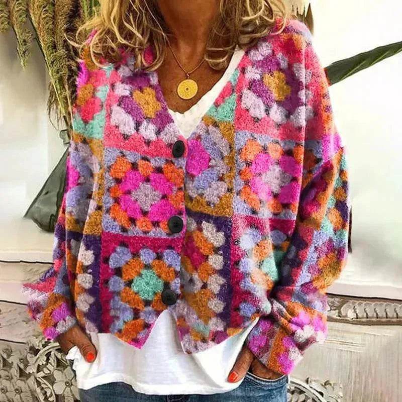 New Christmas Abstract Flowers Printing Sweater Fashion Casual Short Cardigan Coat Womens Clothing - www.Shopthatapp.com
