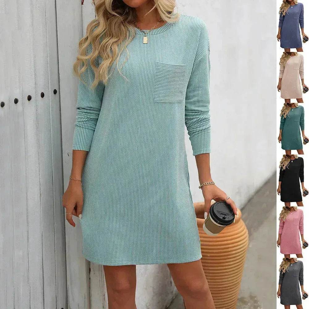 Casual New Solid Color Striped With Pockets Long Sleeve Loose Mini Dress Fashion Round Neck Straight Dress Women's Clothing - www.Shopthatapp.com
