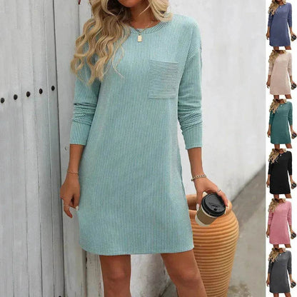 Casual New Solid Color Striped With Pockets Long Sleeve Loose Mini Dress Fashion Round Neck Straight Dress Women's Clothing - www.Shopthatapp.com