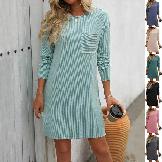 Casual New Solid Color Striped With Pockets Long Sleeve Loose Mini Dress Fashion Round Neck Straight Dress Women's Clothing - www.Shopthatapp.com