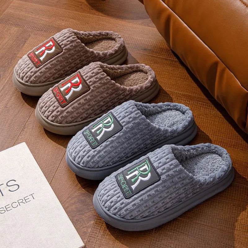 Men's Letter Plush Slippers Winter Warm Non-slip House Shoes Plus Size Indoor Bedroom Floor Home Slipper For Women - www.Shopthatapp.com