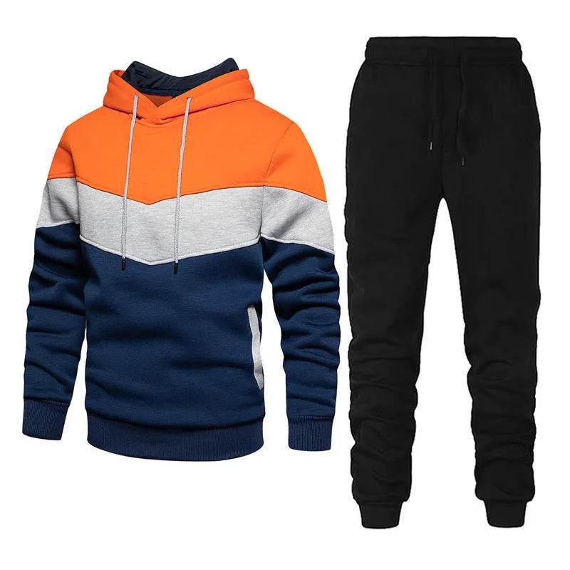 2pcs Winter Fashion Stitching Suit Outdoors Sports Suit Men's Sweatsuit Hoodie Outfit set - www.Shopthatapp.com