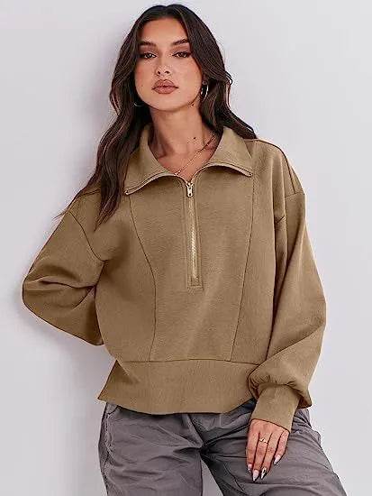 Women's Half Zipper Pullover Long Sleeve Sweatshirt - www.Shopthatapp.com
