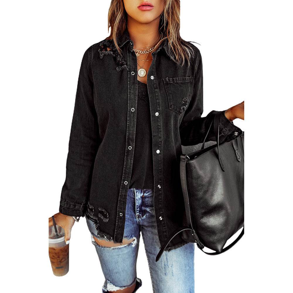 Long Sleeve Jeans Jacket Loose Fit Mid-Length Black - www.Shopthatapp.com