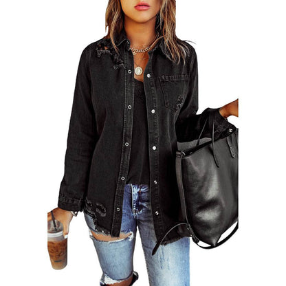 Long Sleeve Jeans Jacket Loose Fit Mid-Length Black - www.Shopthatapp.com