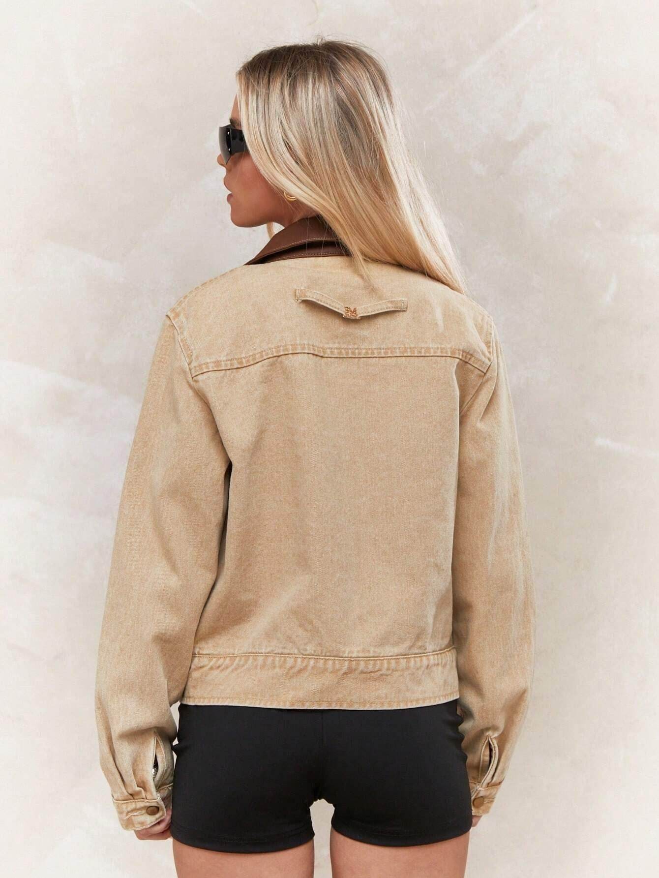 Apricot Collar Zipper Denim Jacket For Women - www.Shopthatapp.com