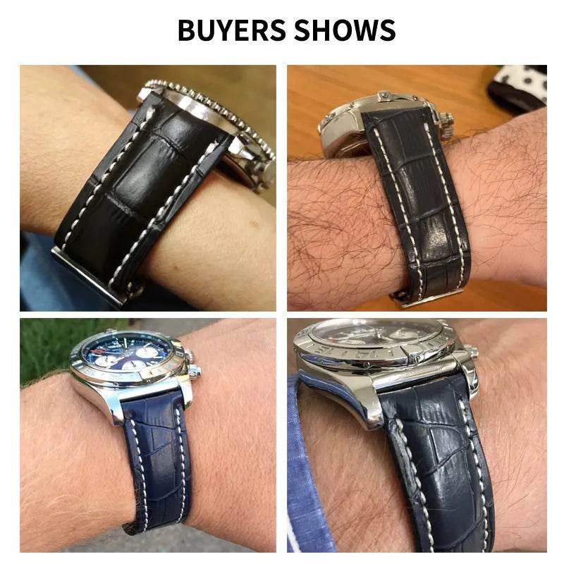 22mm 24mm Black Brown Blue Bamboo Grain Cowhide Watch Strap - www.Shopthatapp.com