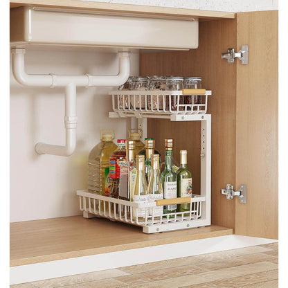 Metal Adjustable Height Two-Tier Drawer Kitchen Bathroom Under Sink Storage Rack - www.Shopthatapp.com