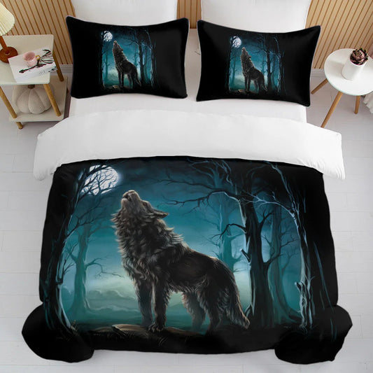 Moon Wolf Bedding Green Watercolor Forest Wolf Landscape Duvet Cover Sets 3 Pieces Wild Animal Bedding Set Twin Full Queen King Size - www.Shopthatapp.com