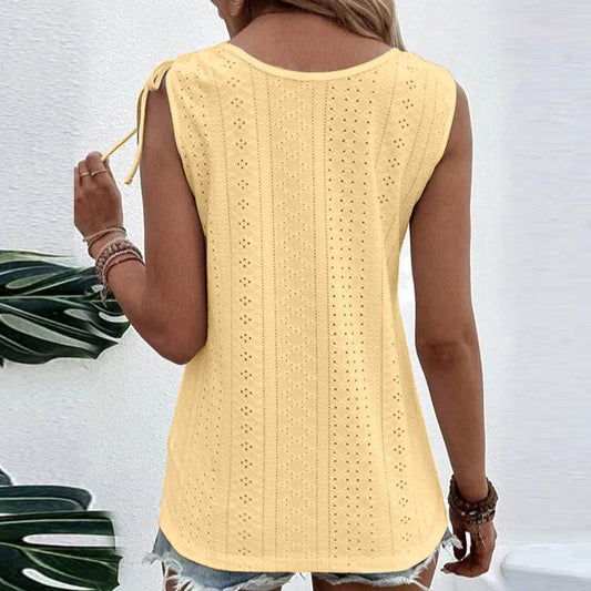 Casual summer U-neck Vest Women Shoulder With Bow Tie Summer blouse top - www.Shopthatapp.com