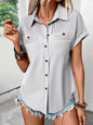Lapel Shoulder Pleated Pocket Short Sleeve Top Shirt T-shirt Women - www.Shopthatapp.com