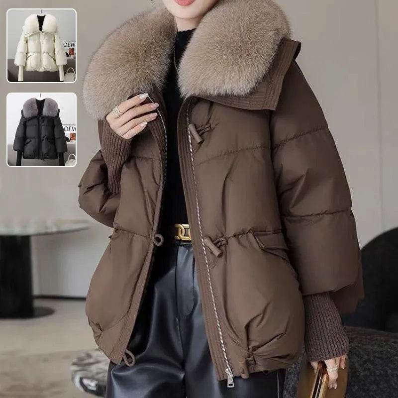Women Cotton-padded Down Jacket Fur Collar Thick Puffer Winter Coat - www.Shopthatapp.com