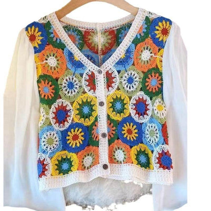 Summer Vacation Style Crocheted Hollow Design Knitted Chiffon Patchwork Long Sleeve Retro Slimming V-neck blouse top For Women - www.Shopthatapp.com