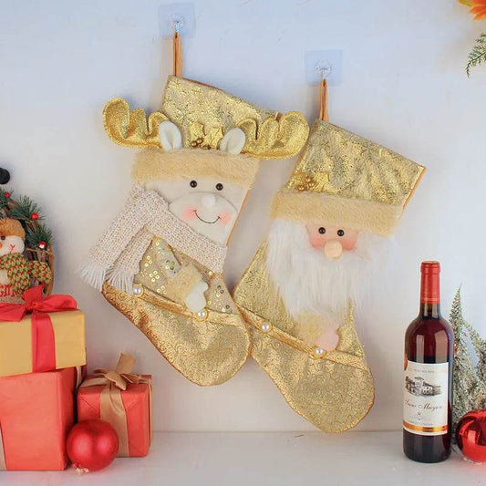 Santa Snowman Gold Christmas Stockings Pendant Candy Bag - www.Shopthatapp.com