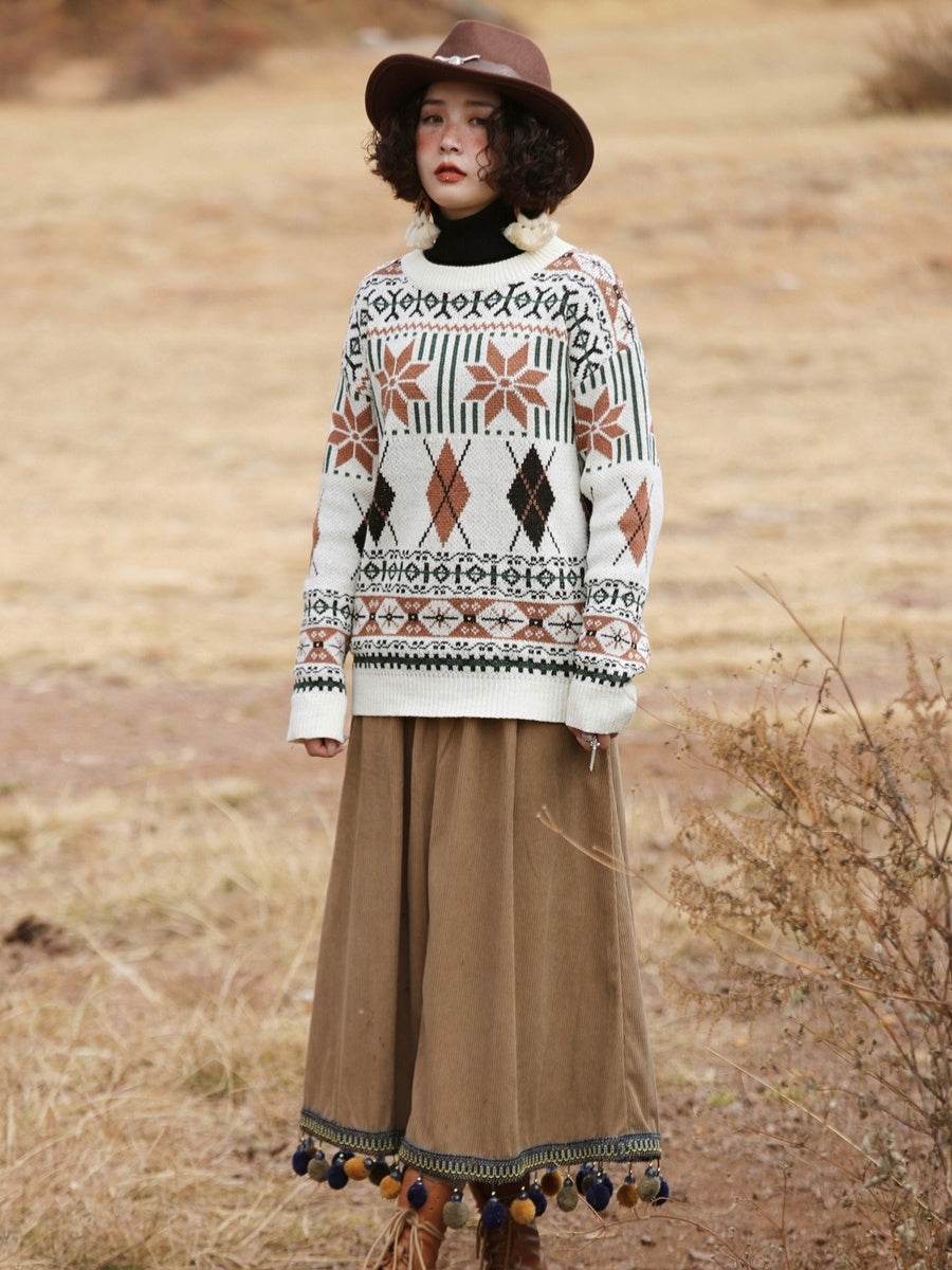 Corduroy Ethnic Style Fur Ball Stitching Brown High Waist Tassel Versatile Maxi Skirt - www.Shopthatapp.com