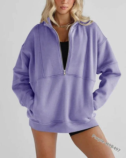 Women's Half Zipper Pocket Fashion Casual Exercise Oversized Sweatshirt Pullover - www.Shopthatapp.com